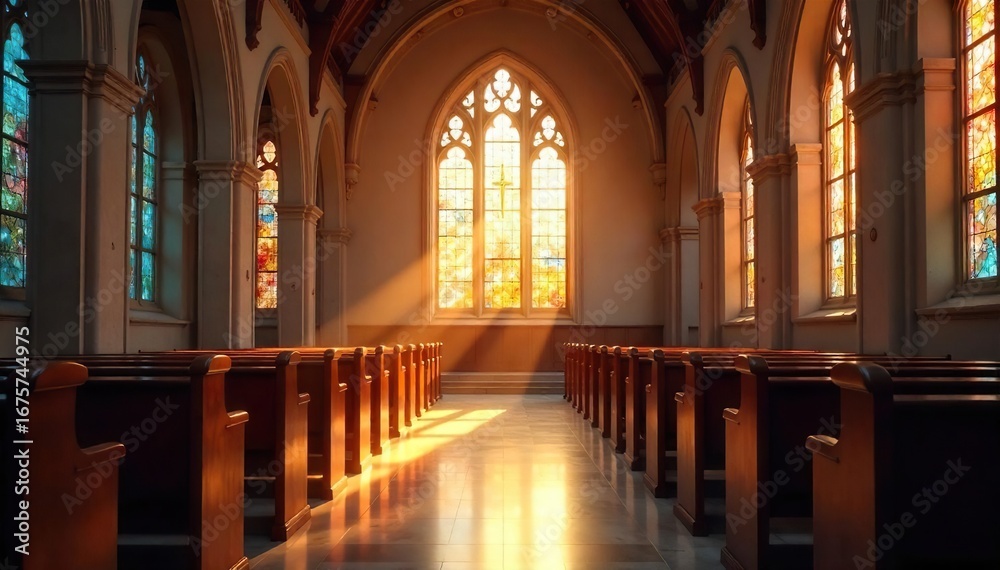 Fototapeta premium Serene church interior bathed in sunlight, highlighting stained glass and quiet pews Perfect for themes of faith, peace, spirituality, and worship , spirituality, religious art, spiritual