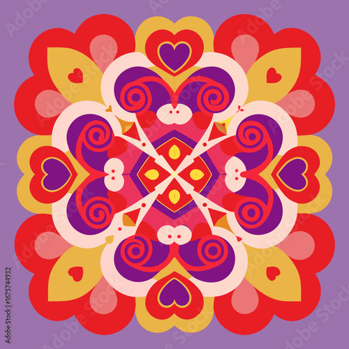 Colorful heart-shaped mandala pattern in vibrant design  