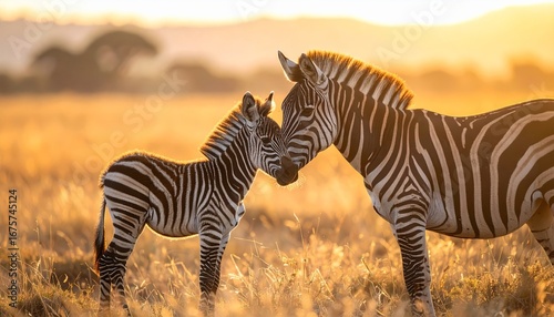 A loving zebra mother and her young foal graze together at sunset in the tall savanna grass.