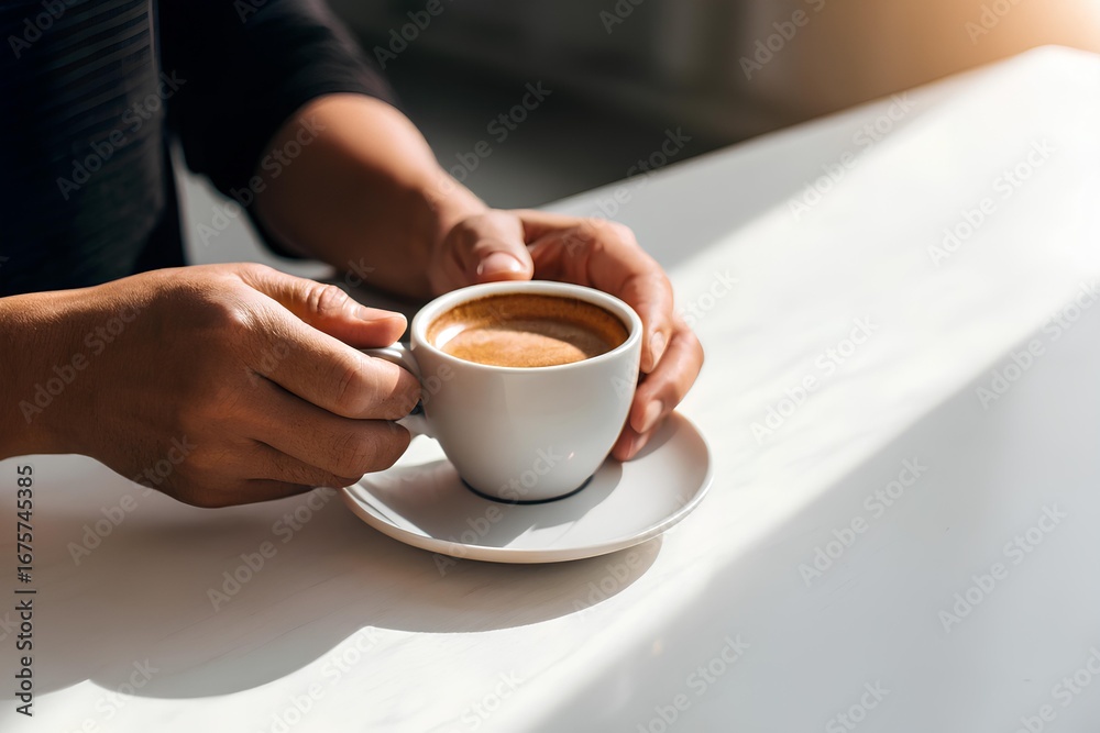 A close-up view of human hands gently holding a warm cup of freshly brewed coffee on a saucer, placed on a bright white table under natural daylight A close-up view of human hands gently holding a warm cup of freshly brewed coffee on a saucer, placed on a bright white table under natural daylight
