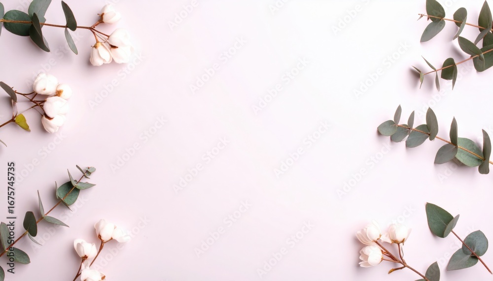 Obraz premium Eucalyptus leaves and cotton flowers on a bright background, creating a simple and elegant display. The composition showcases the textures of the flowers and leaves against a clean backdrop.