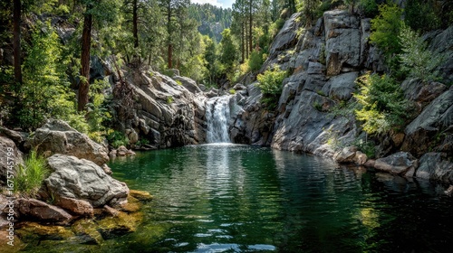 Mountain waterfall cascading into a pool