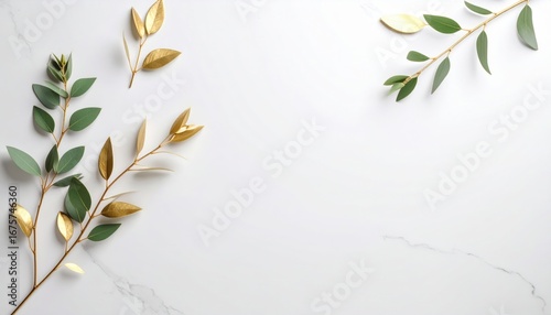 Elegant and minimalist background featuring golden and green leaves arranged delicately. A beautiful touch of nature adding a sense of luxury and serenity