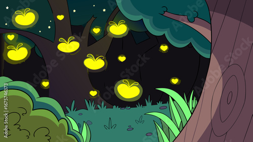 Cartoon forest at night with glowing apples and green foliage  