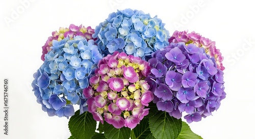 Colorful Hydrangea Flowers Bouquet on White Background.