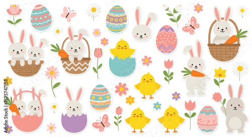 Delightful Easter illustrations featuring bunnies, chicks, eggs, flowers, and butterflies for Springtime joy