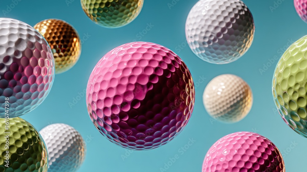 Fototapeta premium Colorful golf balls float against a vibrant teal background in a playful, dynamic composition.