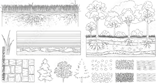 Create a grass, forest section, soil layer landscape drawing pattern. texture lawn background line art. set of graphics elements drawing for architecture and landscape design. cad pattern vector art .
