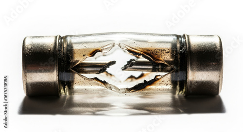Burned glass electrical fuse, broken component, safety hazard, electrical failure
