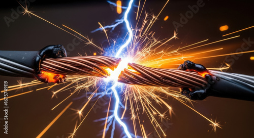 Electrical cables sparking and breaking, high voltage incident, safety hazard
