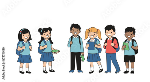Happy students with backpacks and books excited for school day in bright cartoon illustration