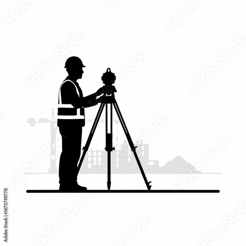 Silhouette of a surveyor engineer working with a theodolite on a tripod.