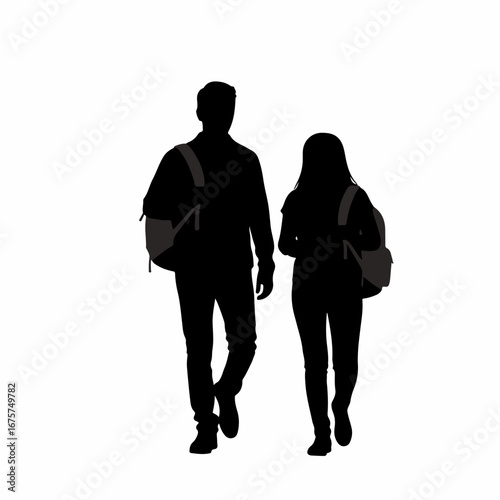 Silhouette of a young couple students walking with backpacks.