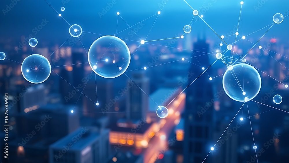 Obraz premium Floating translucent spheres connected by glowing lines, symbolizing global business networks.