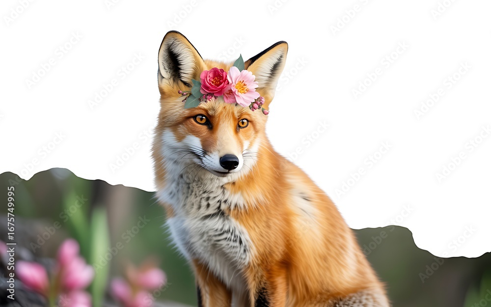 Fototapeta premium Fox wearing a flower crown isolated on white background