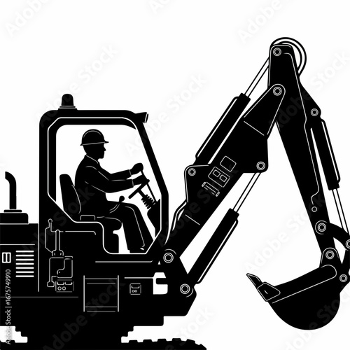 Black and white silhouette of a construction worker operating a mini excavator.