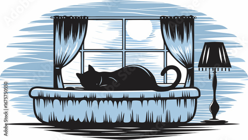 Cozy black cat sleeping on windowsill near lamp in peaceful home setting, originally a scalable vector graphic