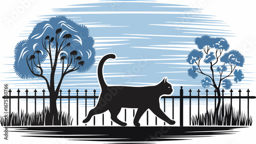 Elegant feline strolls past garden fence in stylized outdoor scene with trees and peaceful atmosphere
