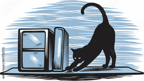 Elegant black cat stretching near blocky buildings, a whimsical yet modern design from vector origins