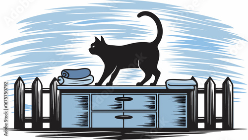 Elegant black cat standing proud on dresser with a whimsical fence and cozy towels illustration