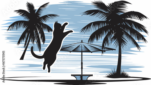 Playful cat jumps on tropical beach with palm trees in silhouette, summer fun design