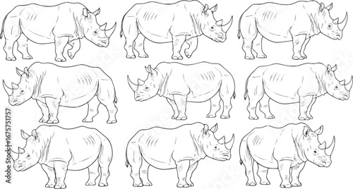 Create a kinds of deferent rhino art line vector art with white background.