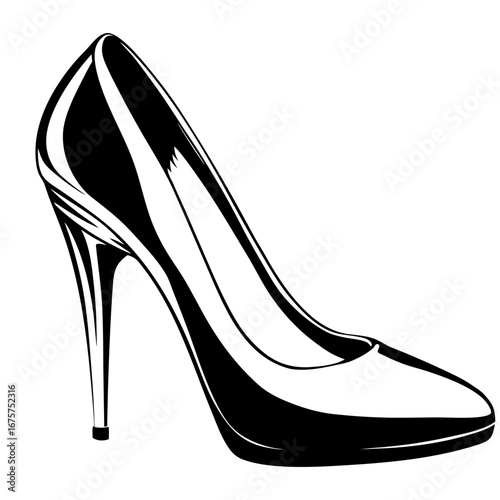Elegant stiletto heel silhouette, black patent leather shoe in dramatic high contrast fashion art of allure and sophistication