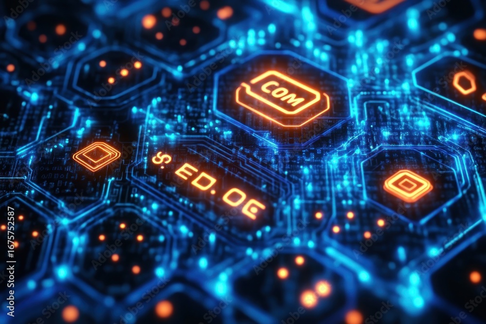 Obraz premium Close-up of futuristic digital circuit board with glowing blue and orange hexagonal elements and electronic components symbolizing technology and connectivity