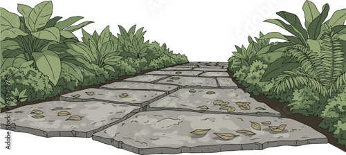 Create a Rough concrete pavement in a garden setting, featuring uneven textures with scattered dried leaves. Surrounded by natural greenery vector art with white background..