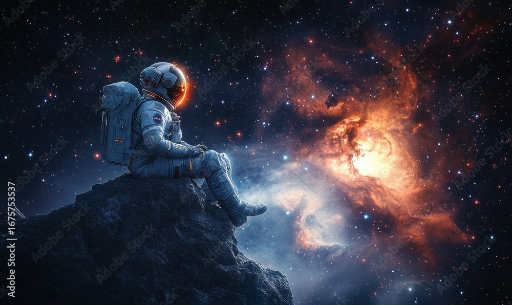 Naklejka premium Astronaut sitting calmly on a rocky surface in outer space gazing at a glowing colorful nebula amidst a starry cosmic background