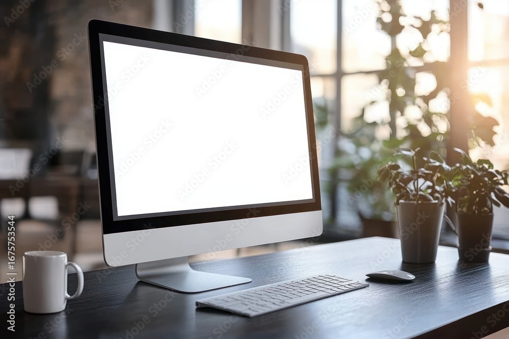 Fototapeta premium Modern office workspace with a large blank computer screen, wireless keyboard and mouse on black wooden desk, white coffee mug, and potted plants with sunlight coming through large windows