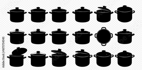 Collection of black silhouette cooking pots, various positions, open and closed lids.