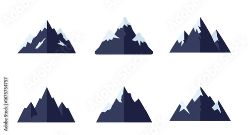 Six Unique Flat Vector Illustrations of Snow Capped Mountains.