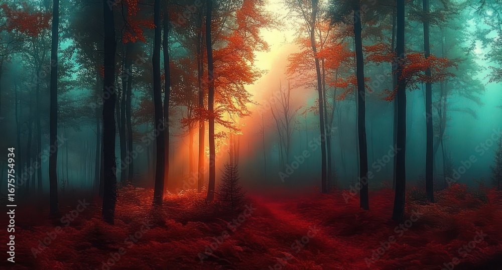 Naklejka premium Mystical forest with tall trees and red foliage bathed in soft golden sunlight piercing through fog, evoking a serene and enchanted atmosphere