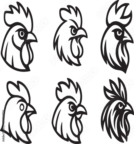Black and white collection of stylized rooster head illustrations featuring varied comb styles sharp beak and focused eye perfect for logos emblems and graphic designs showcasing poultry imagery