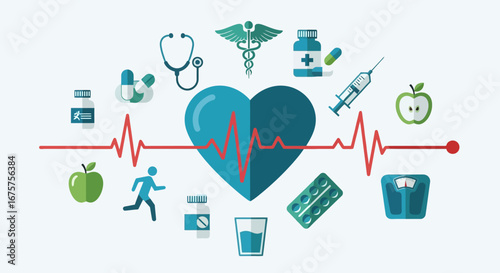 A vibrant illustration showcasing various elements related to health, wellness, and medical care.