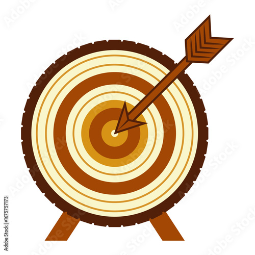 Wooden archery target with arrow in the bullseye