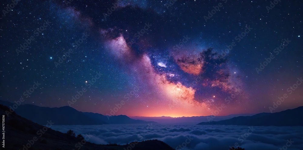 Naklejka premium Mysterious night sky filled with constellations, stars, and celestial bodies, hinting at universal secrets and cosmic wonders Vast, dark, and awe-inspiring , astronomical, vastness