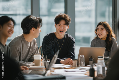 Smiling young creative team collaborating in bright casual office environment with laptops and coffee