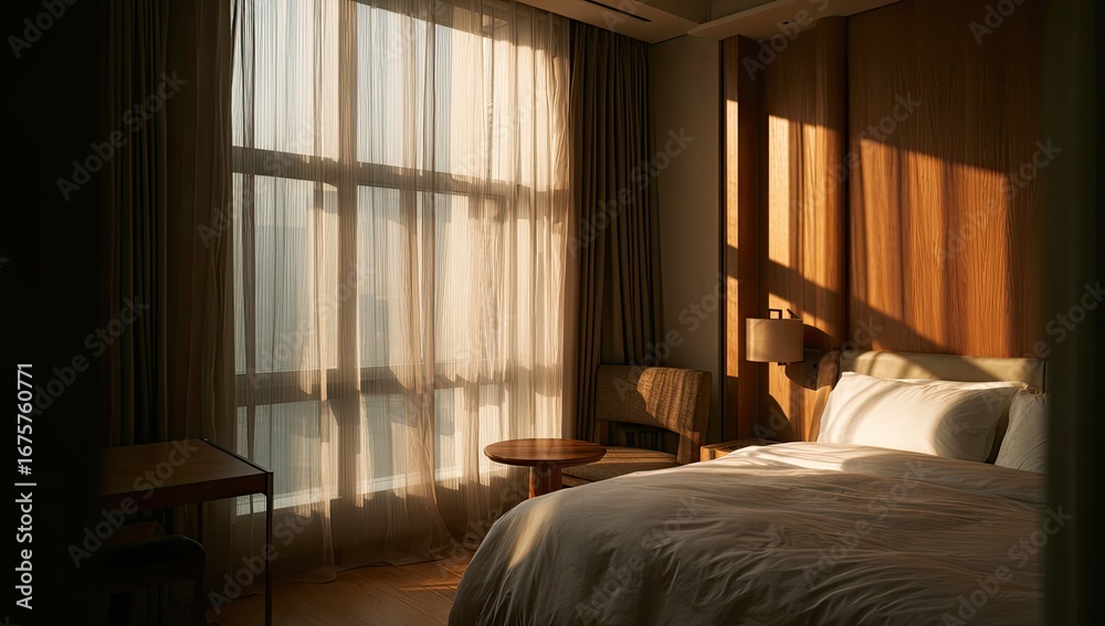 Fototapeta premium Sunlight streams into a modern bedroom, illuminating soft, beige drapes and a large bed