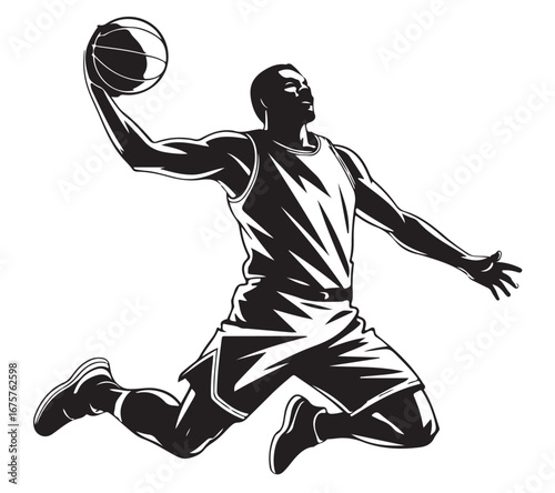 A black and white vector image of a basketball player dunking the ball in a dynamic action pose