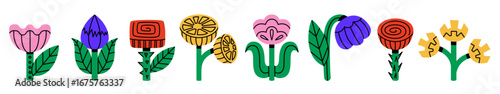 Set of unique stylized fantasy rainbow flowers with bold shapes and vibrant colors. Collection of imaginative botanical elements with leaves and petals. Perfect for nature-themed creative projects.