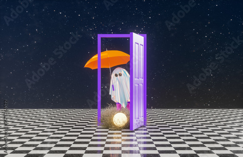 Surreal Halloween scene with cute Ghost. Dreamlike 3d rendering.