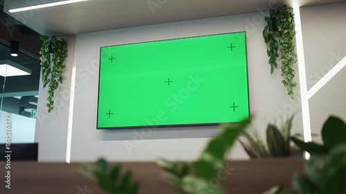Green Screen TV with Tracking Markers on Modern Office Wall, Surrounded by Plants for Content Mockup