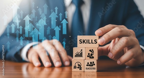 Businessman building skills with upward growth charts and icons representing success