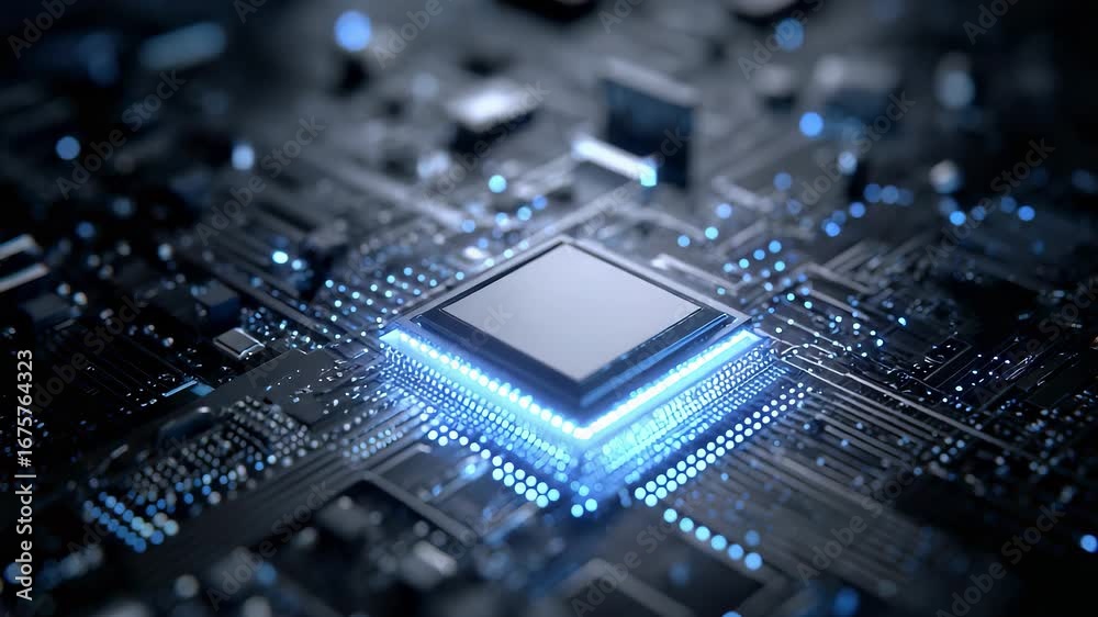 Blue Glowing Chip Circuit Board with a Strong Sense of Technology Blue Glowing Chip Circuit Board with a Strong Sense of Technology