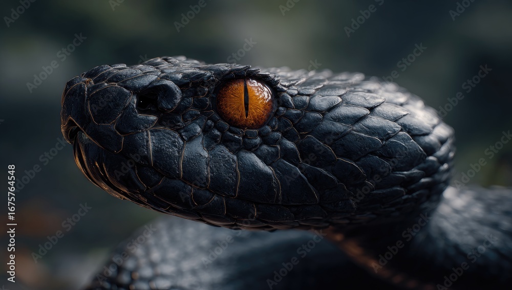 Fototapeta premium Close-up of a black venomous snake's head, focused on the intricate scales and bright orange eye. Dark, out-of-focus background of foliage