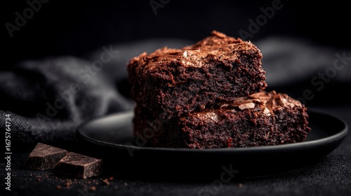 Stacked chocolate brownies on a black plate with chocolate chunks set against a dark background