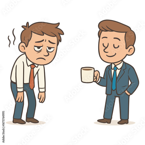 Tired businessman receives a cup of coffee from a colleague isolated on white background.