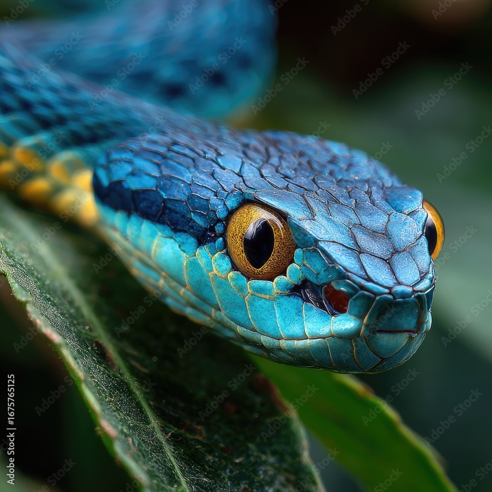 Fototapeta premium Close-up of a vibrant blue venomous snake. The snake's head and part of its body are in sharp focus, set against a backdrop of lush green leaves.